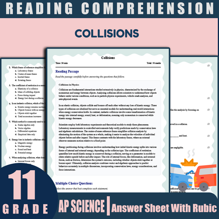 Grade 11 Science reading worksheets worksheet — 11th Grade Science | Collisions Reading Worksheet & Answer Key (PDF) — page 1