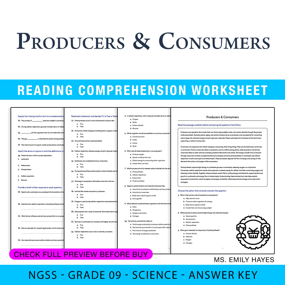 Grade 9 Science worksheet worksheet — 9th Grade Science | Producers & Consumers Printable Worksheet (PDF+ Answer Key) — pa…