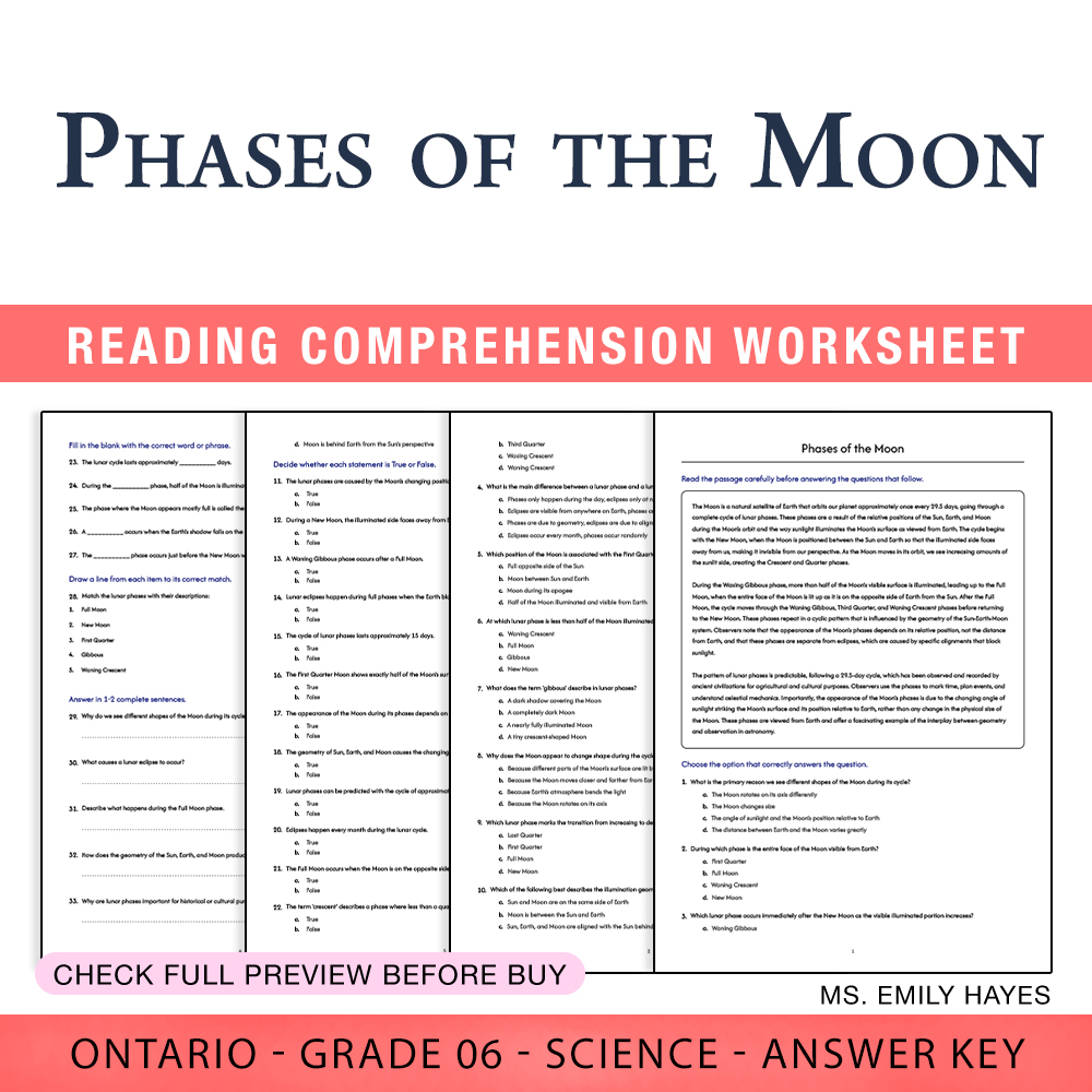 Grade 6 Science worksheet worksheet — 6th Grade Science | Phases of the Moon Worksheet (PDF + Answer Key) — page 1