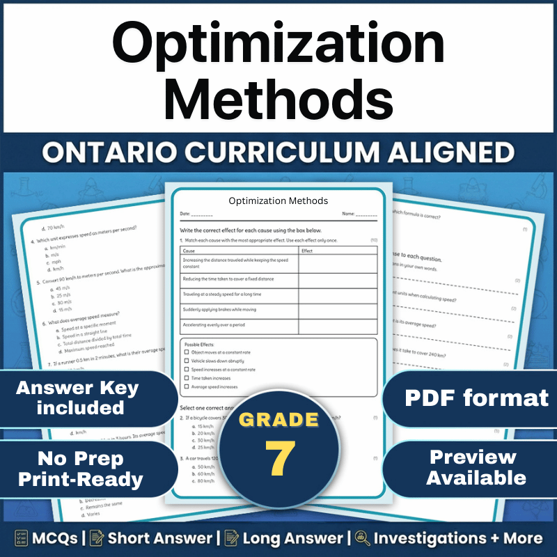 Grade 7 Science – Optimization Methods Worksheet (Ontario) (PDF)
