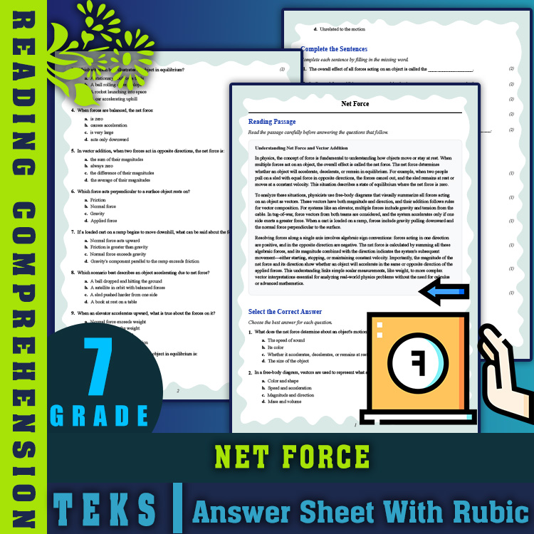 Grade 7 Science reading worksheets worksheet — 7th Grade Science | Net Force Reading Worksheet (PDF + Answer Key) — page 1