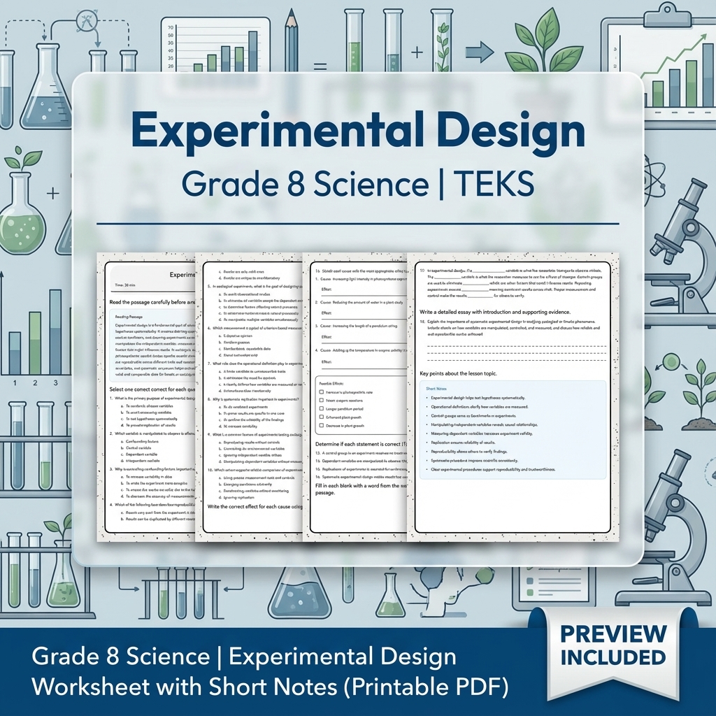 Grade 8 Science | Experimental Design Worksheet with Short Notes (Printable PDF)