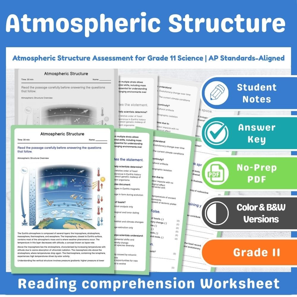 Grade 11 Science assessment worksheet — Atmospheric Structure Assessment for Grade 11 Science | AP Standards-Aligned — page 1