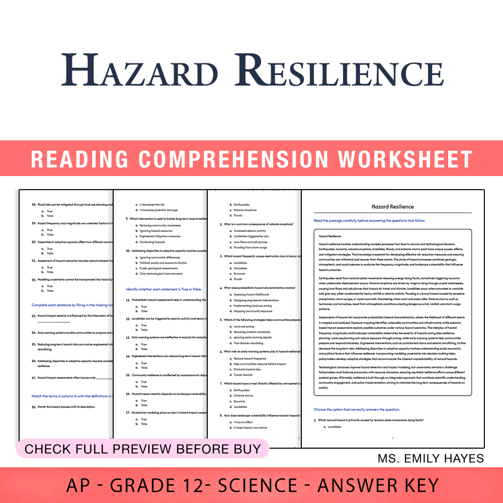 Grade 12 Science worksheet assessment worksheet — 12th Grade Science | Hazard Resilience Assessment Worksheet (PDF+ Answer…