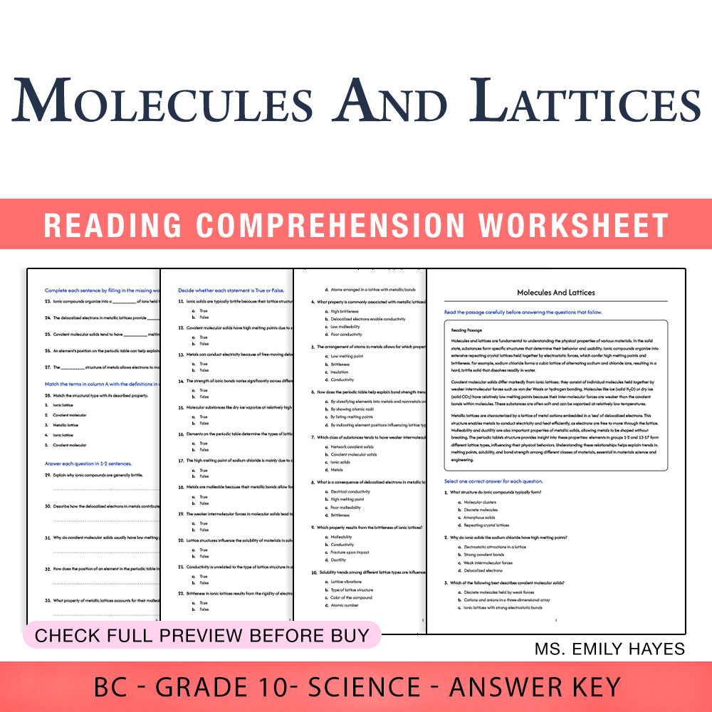 Grade 10 Science worksheet worksheet — Grade 10 Science | Molecules and Lattices Practice Worksheet (PDF + Answer Key) — p…