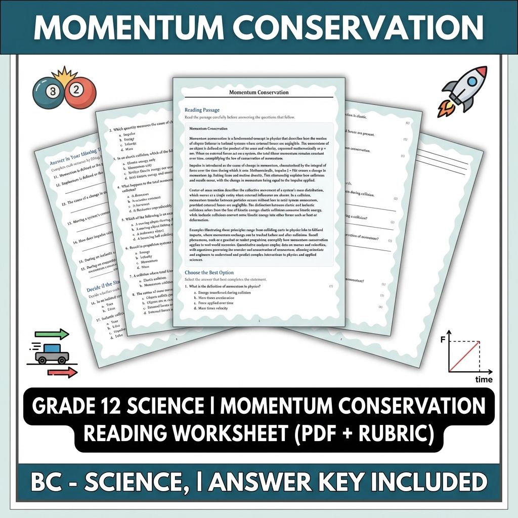 Grade 12 Science | Momentum Conservation Reading Worksheet (PDF + Rubric)