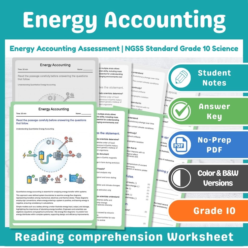 Grade 10 Science assessment worksheet — Energy Accounting Assessment | NGSS Standard Grade 10 Science