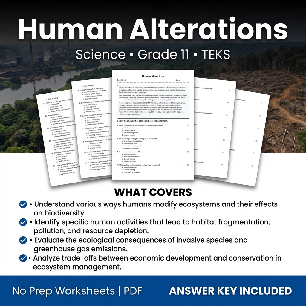 Human Alterations Worksheet for Grade 11 Science | TEKS-Aligned Practice