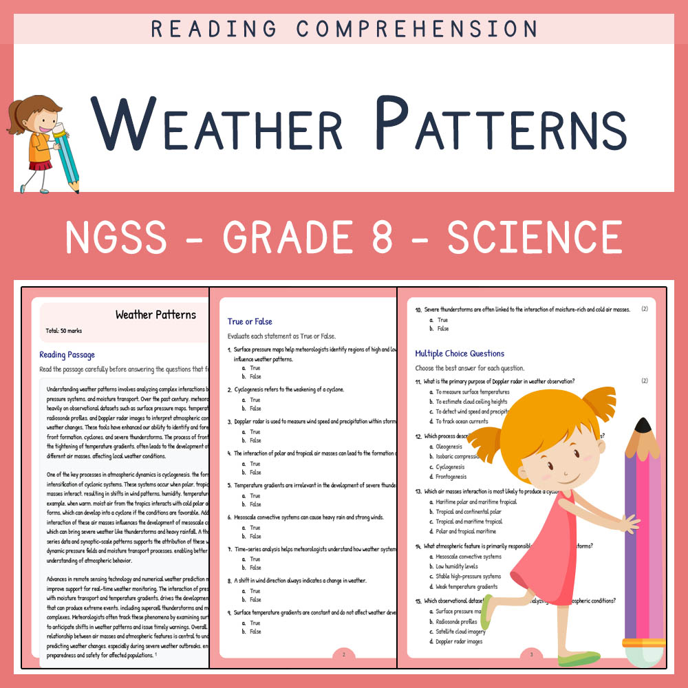 Grade 8 Science worksheet worksheet — Grade 8 Science | Weather Patterns Worksheet & Answer Key (NGSS-Aligned) — page 1
