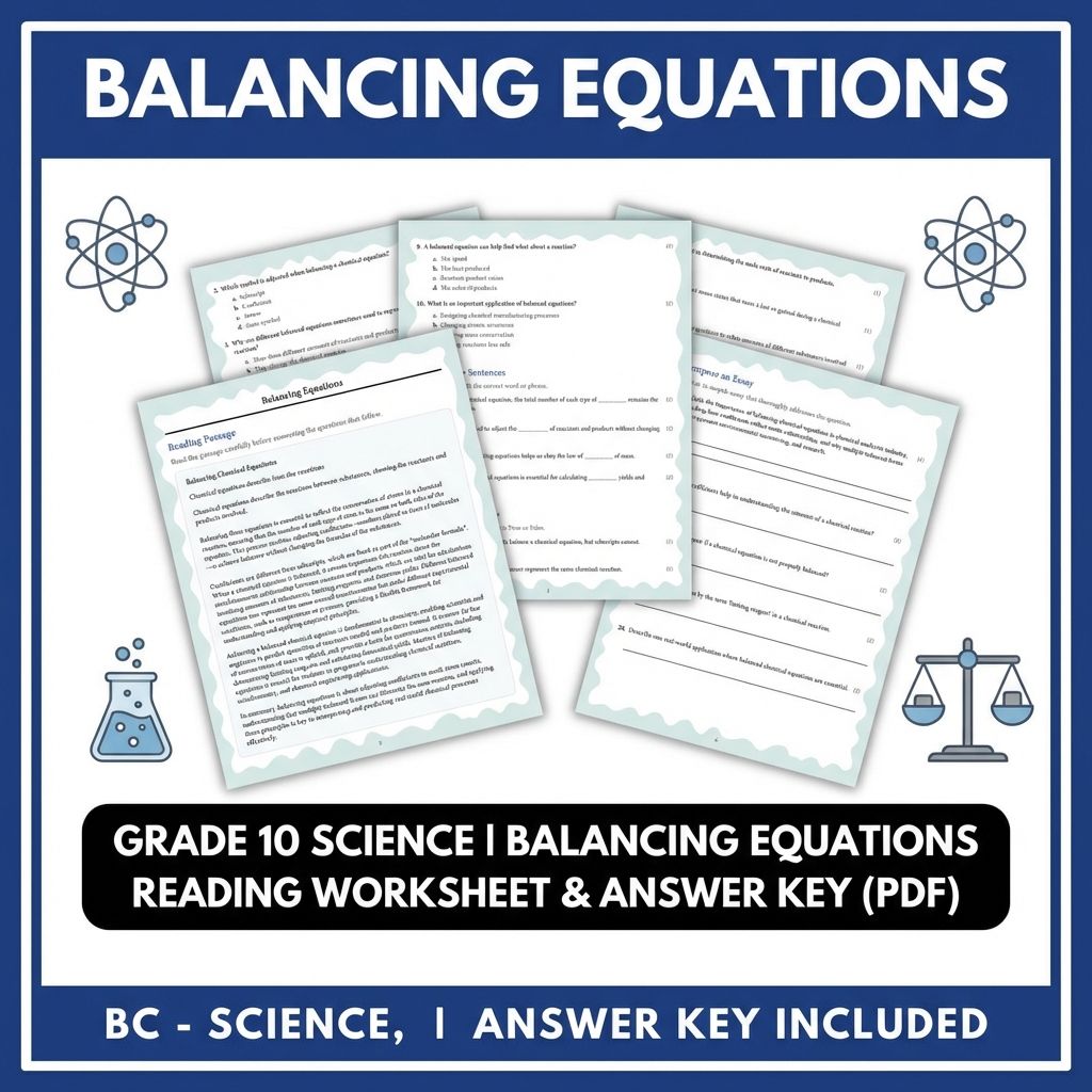 Grade 10 Science | Balancing Equations Reading Worksheet & Answer Key (PDF)
