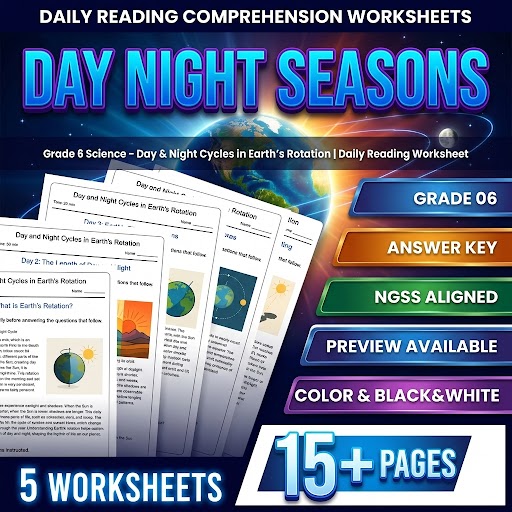 Grade 6 Science daily reading worksheet — Grade 6 Science Day & Night Cycles in Earth's Rotation | Daily Reading Worksheet