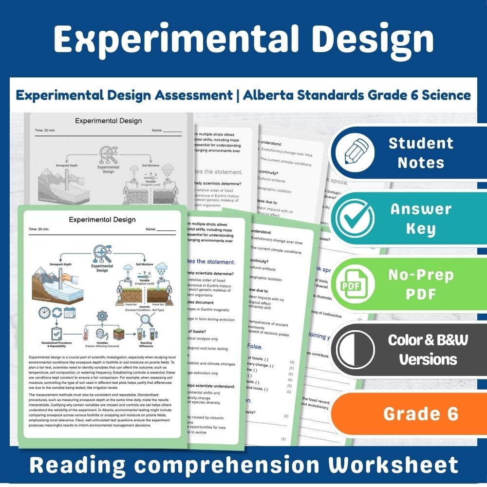 Grade 6 Science assessment worksheet — Experimental Design Assessment | Alberta Standards Grade 6 Science — page 1