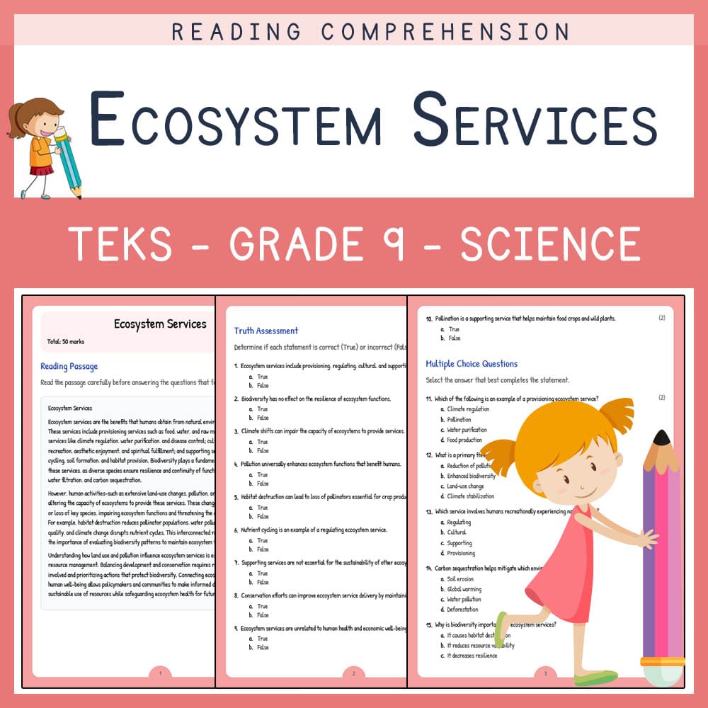 Grade 9 Science worksheet elena worksheet — Grade 9 Science | Ecosystem Services Worksheet | TEKS Aligned — page 1