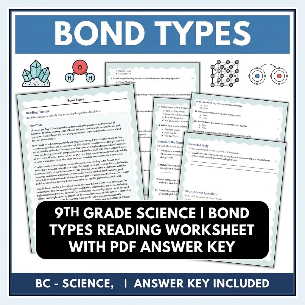 9th Grade Science | Bond Types Reading Worksheet with PDF Answer Key
