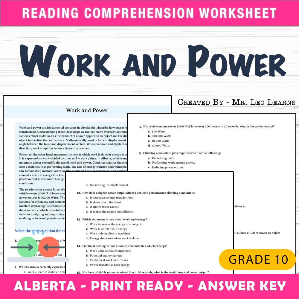 Grade 10 Science worksheet mcq paper worksheet — Grade 10 Science — Worksheet MCQ Paper for Mastering Work and Power — page 1