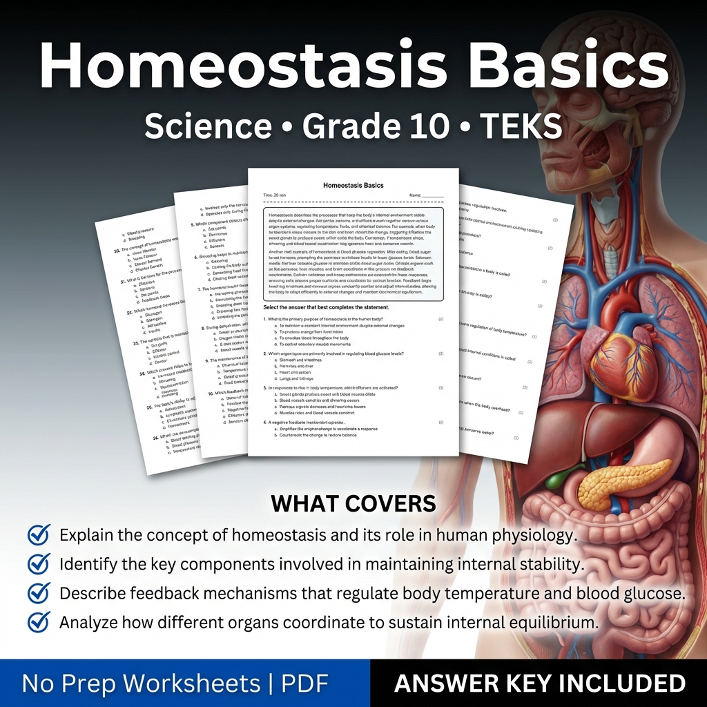 Homeostasis Basics Worksheet for Grade 10 Science | TEKS Aligned