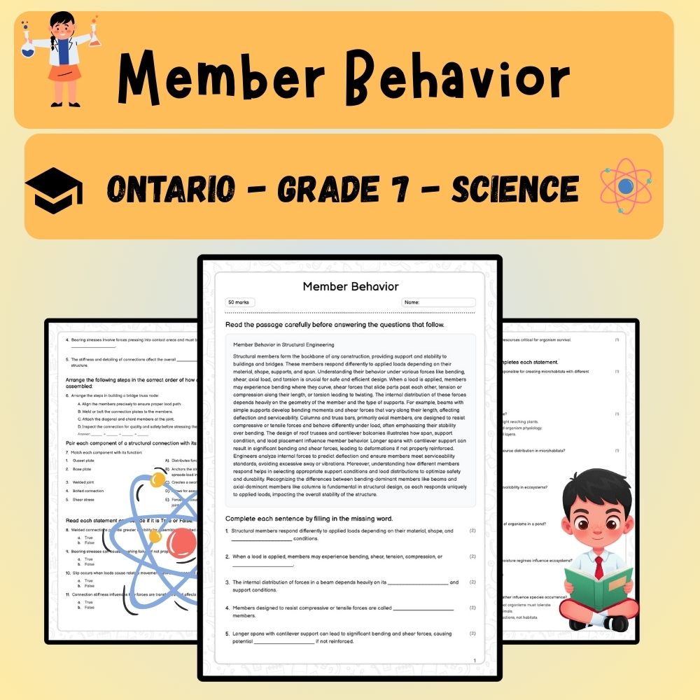Grade 7 Science worksheet worksheet — Grade 7 Science – Structural Members & Load Analysis Worksheet (PDF ) — page 1