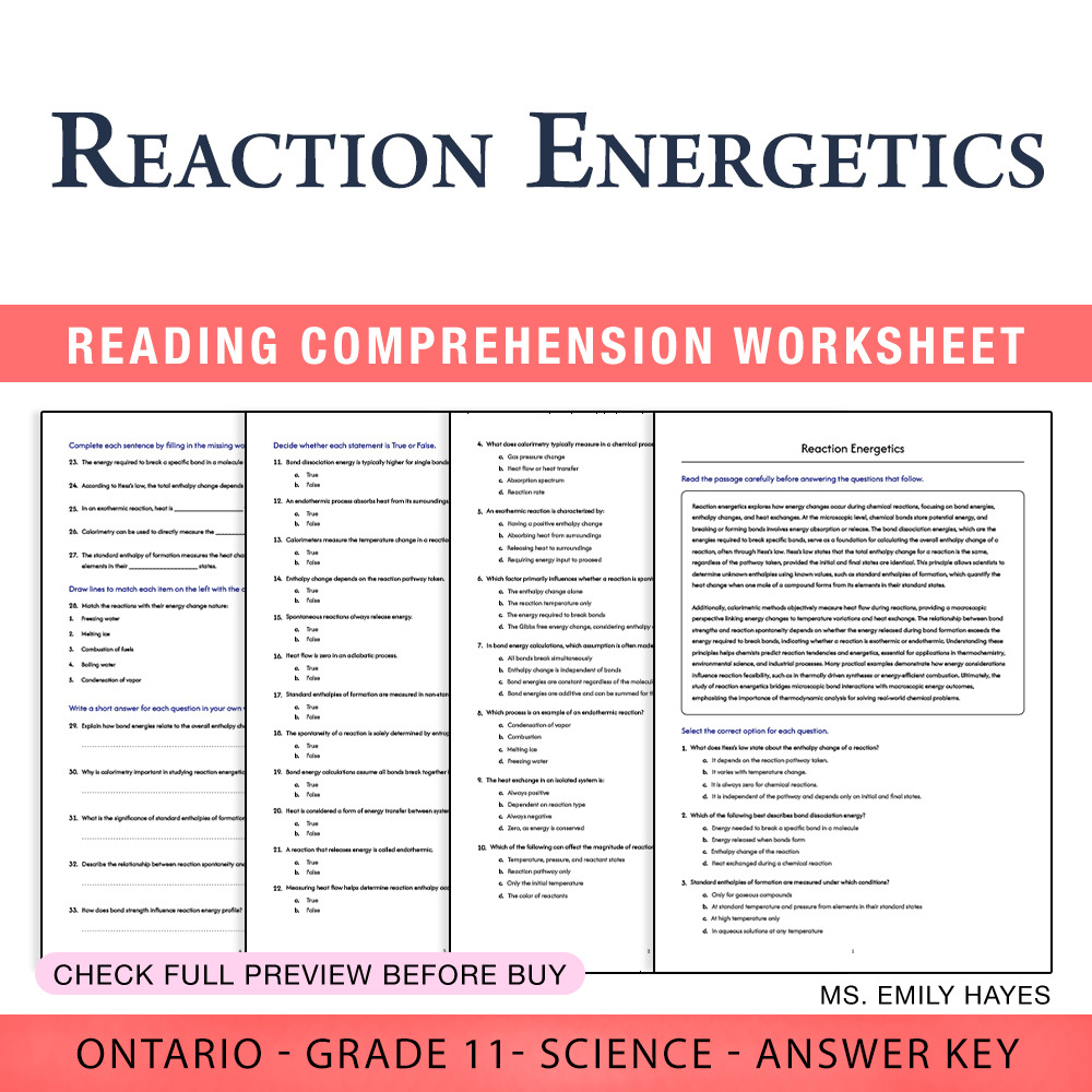Grade 11 Science — worksheet — 11th Grade Science | Reaction Energetics Worksheet (PDF + Answer Key) — page 1