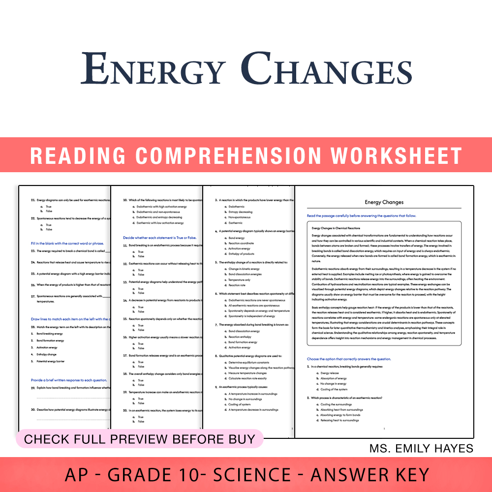 Grade 10 Science worksheet worksheet — Grade 10 Science | Energy Changes Worksheet (PDF+ Answer Key) — page 1