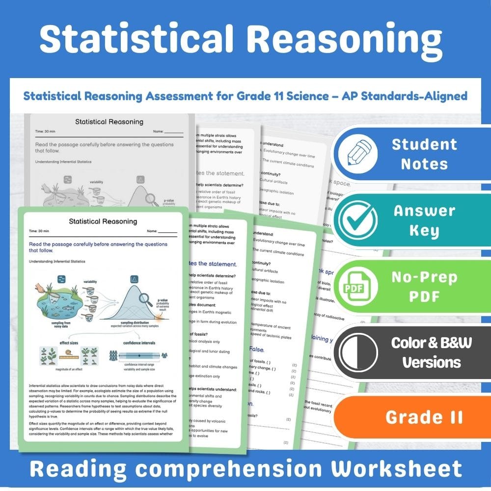 Grade 11 Science assessment worksheet — Statistical Reasoning Assessment for Grade 11 Science – AP Standards-Aligned — page 1