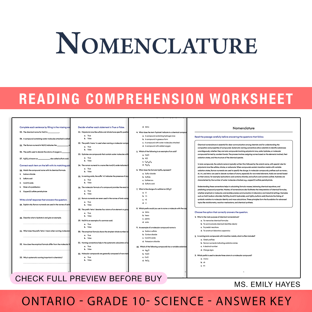 Grade 10 Science worksheet worksheet — Grade 10 Science | Nomenclature Worksheet (PDF + Answer Key) — page 1