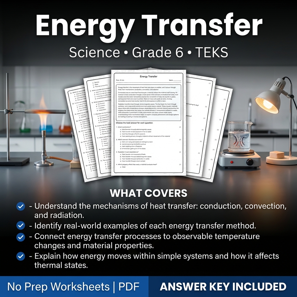 Energy Transfer Worksheet for Grade 6 Science | TEKS Aligned Practice