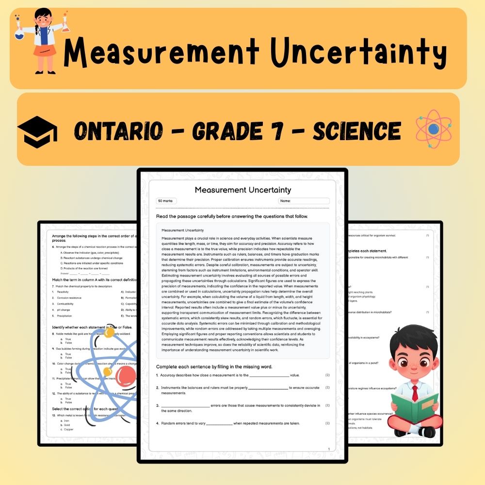 Grade 7 Science worksheet worksheet — Grade 7 Science – Measurement Uncertainty Worksheet (PDF ) — page 1