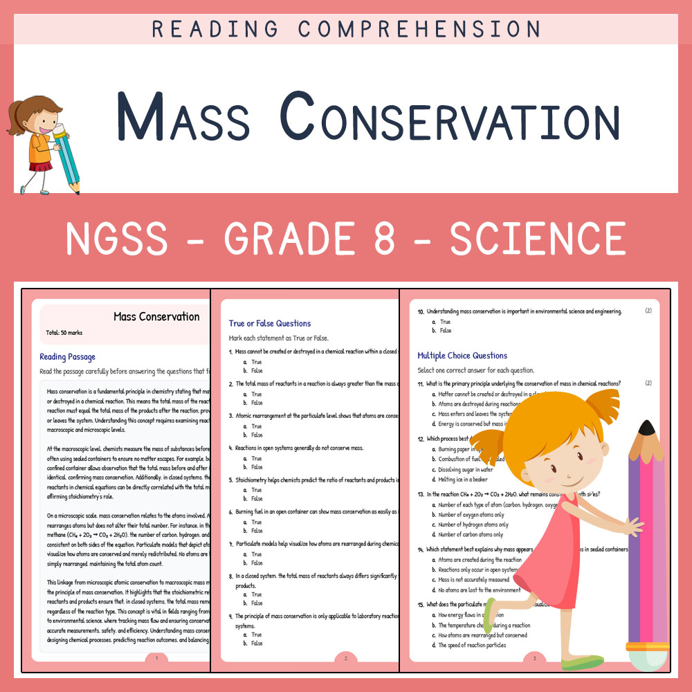 Grade 8 Science worksheet worksheet — Grade 8 Science | Mass Conservation Worksheet & Answer Key (NGSS Aligned) — page 1