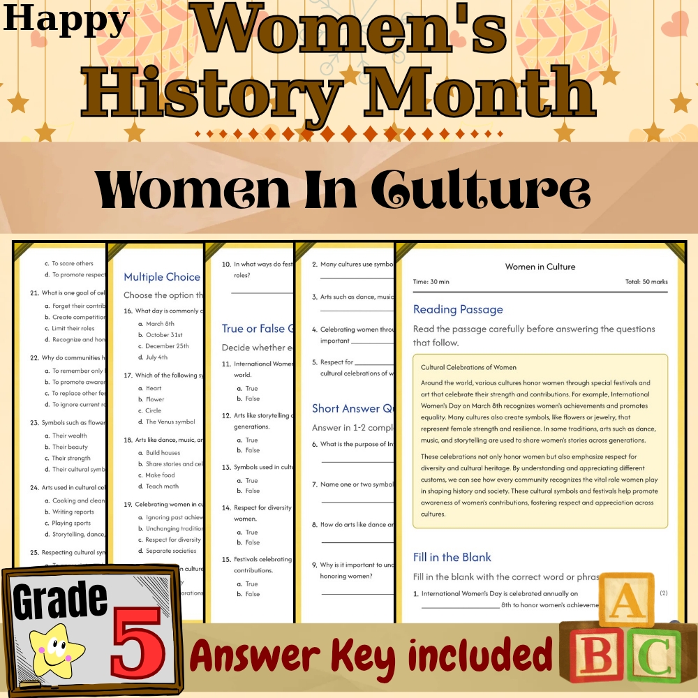 Grade 5  Women in Culture Worksheet for Mother History Month | PDF + Answer Key