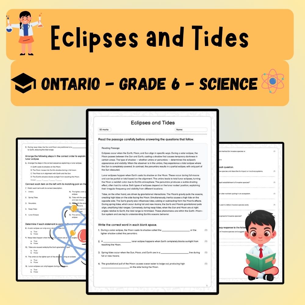 Grade 6 Science worksheet worksheet — 6th Grade Science | Eclipses and Tides Worksheet (PDF ) — page 1