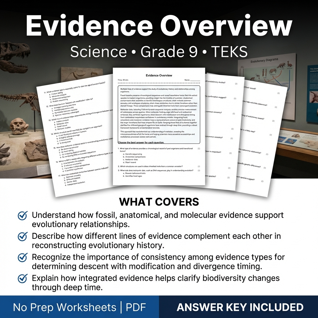 Grade 9 Science Worksheet on Evidence Overview | TEKS Standards