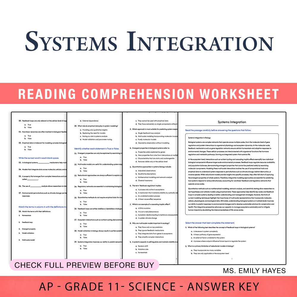 Grade 11 Science worksheet assessment worksheet — 11th Grade Science | Systems Integration Worksheet (PDF+ Answer Key) — p…