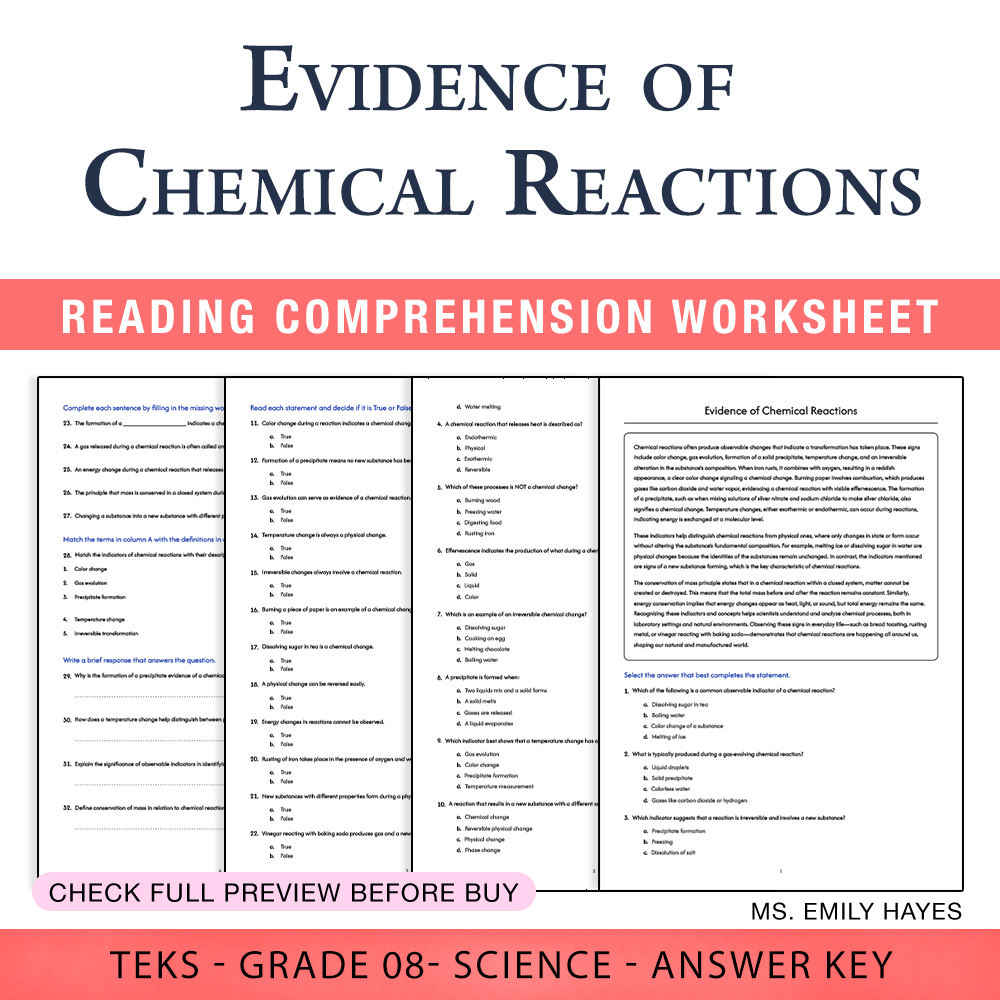 Grade 8 Science worksheet worksheet — 8th Grade Science | Evidence of Chemical Reactions Worksheet (PDF+ Answer Key) — page 1