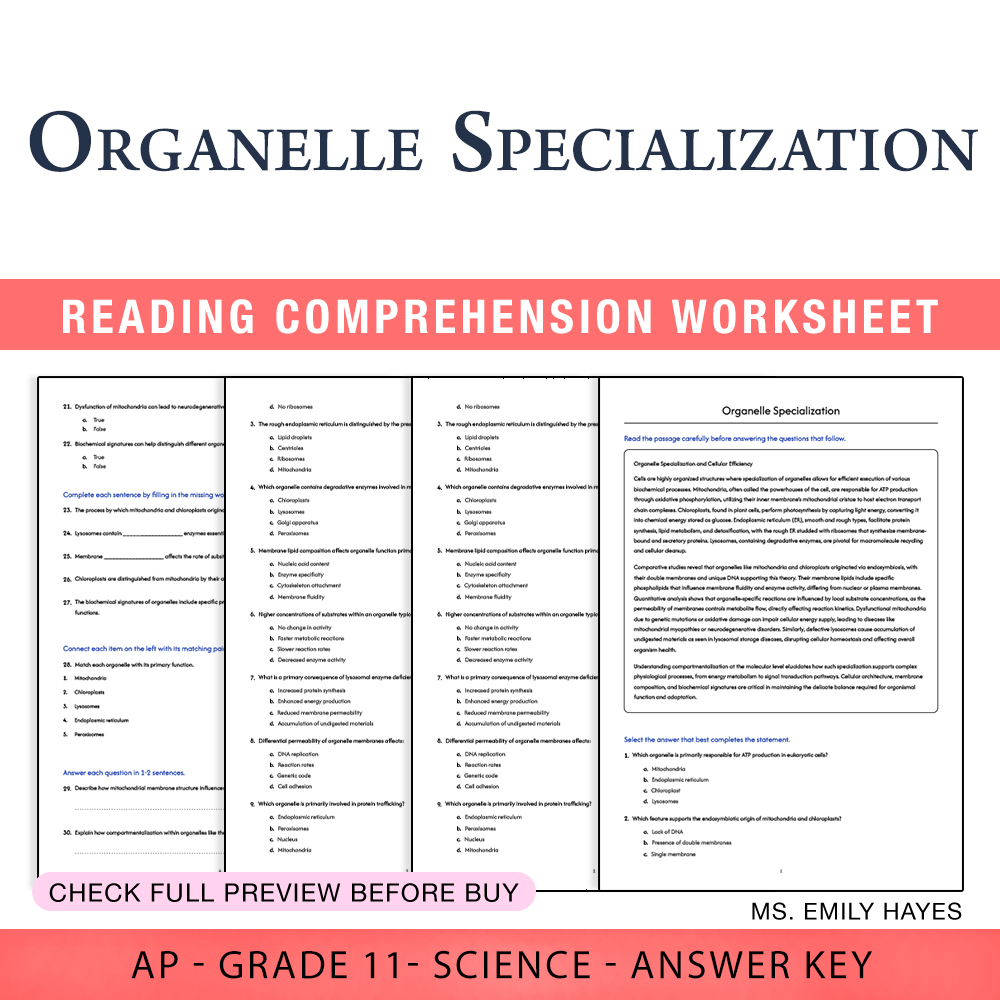 Grade 11 Science worksheet assessment worksheet — 11th Grade Science |Organelle Specialization Assessment Worksheet (PDF+…