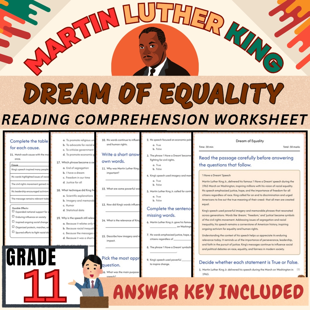 Grade 11| Martin Luther King 'Dream of Equality' Worksheet PDF + Answer Key