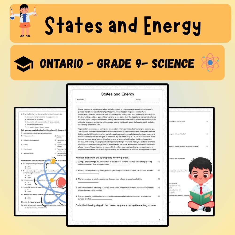 Grade 9 Science worksheet worksheet — Grade 9 Science | States and Energy Worksheet (Answer Key) – Ontario Standard — page 1