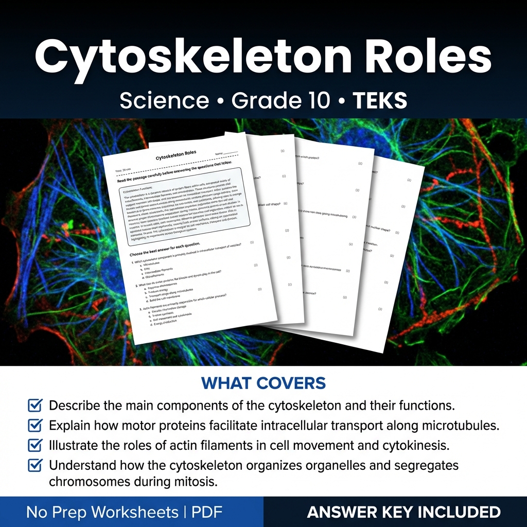 Grade 10 Science Worksheet on Cytoskeleton Roles | TEKS Standards Practice