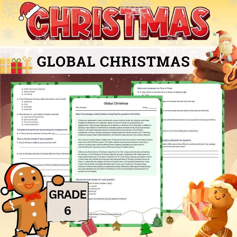 Grade 6 Seasonal Holiday | Global Christmas Worksheet 