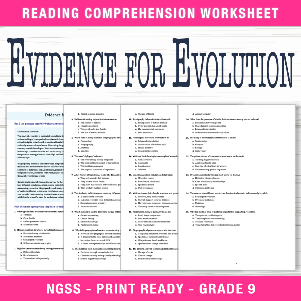 Grade 9 Science worksheet worksheet — Grade 9 Science – Evidence for Evolution Worksheet (PDF + Answer Key) — page 1