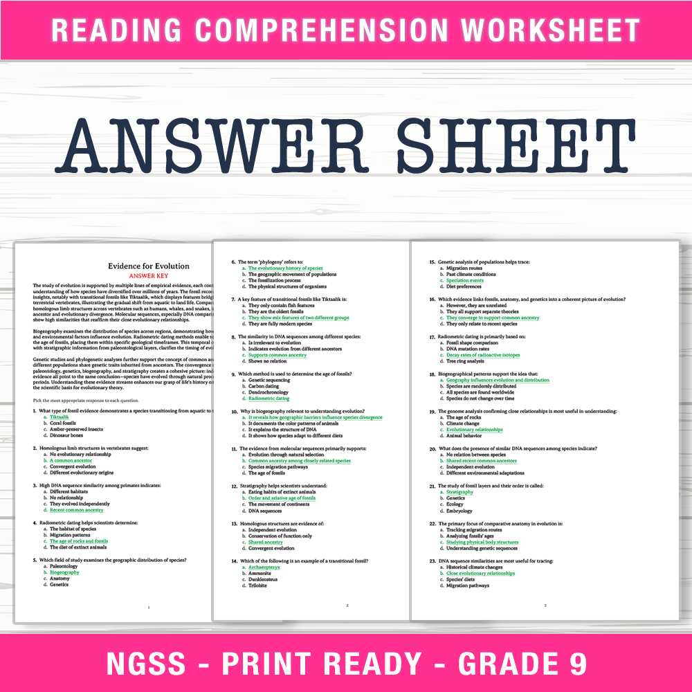 Grade 9 Science worksheet worksheet — Grade 9 Science – Evidence for Evolution Worksheet (PDF + Answer Key) — page 2
