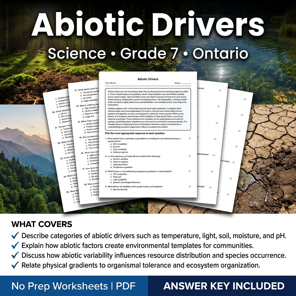 Abiotic Drivers Worksheet for Grade 7 Science Ontario Standards