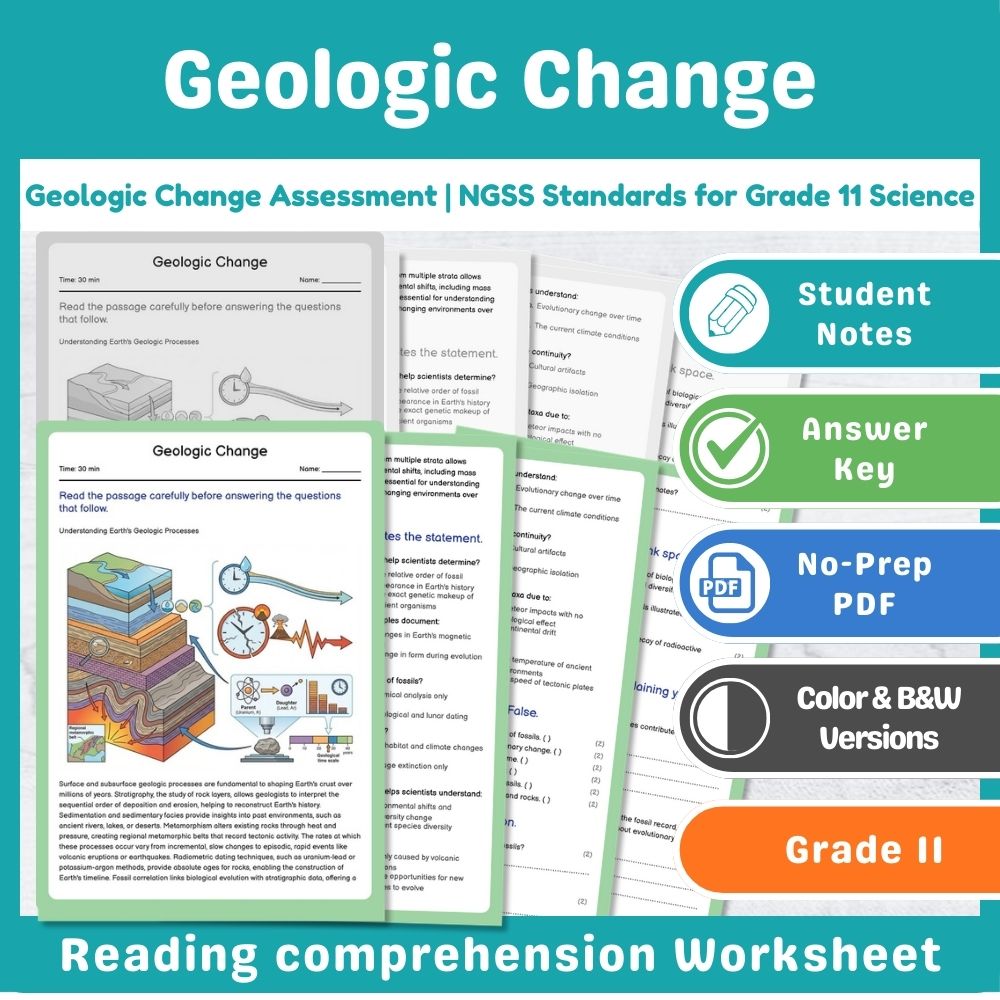 Grade 11 Science assessment worksheet — Geologic Change Assessment | NGSS Standards for Grade 11 Science