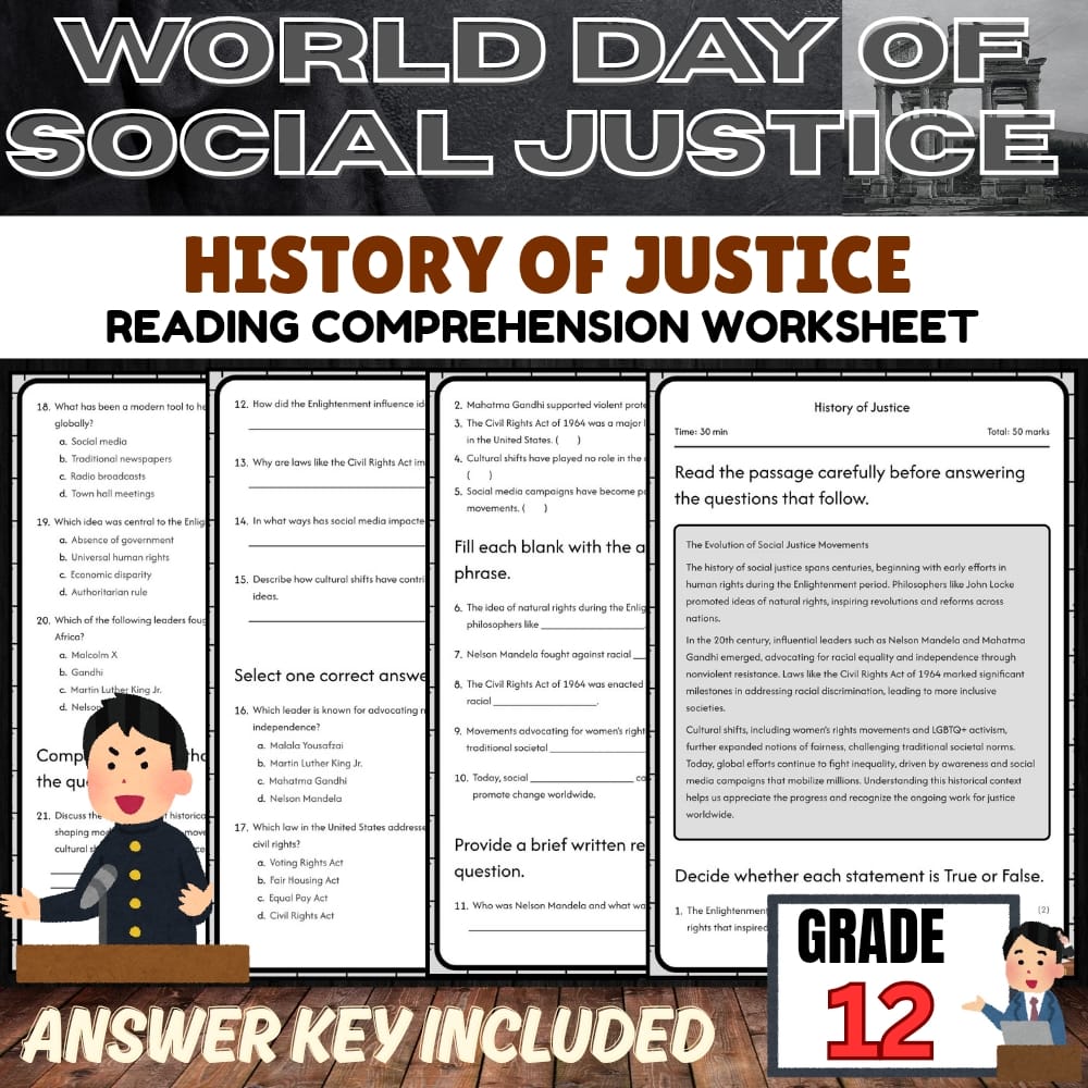 Grade 12 Holiday word day of social justice worksheet — Grade 12 Holiday | Word day of social justice | PDF + Answer Key —…