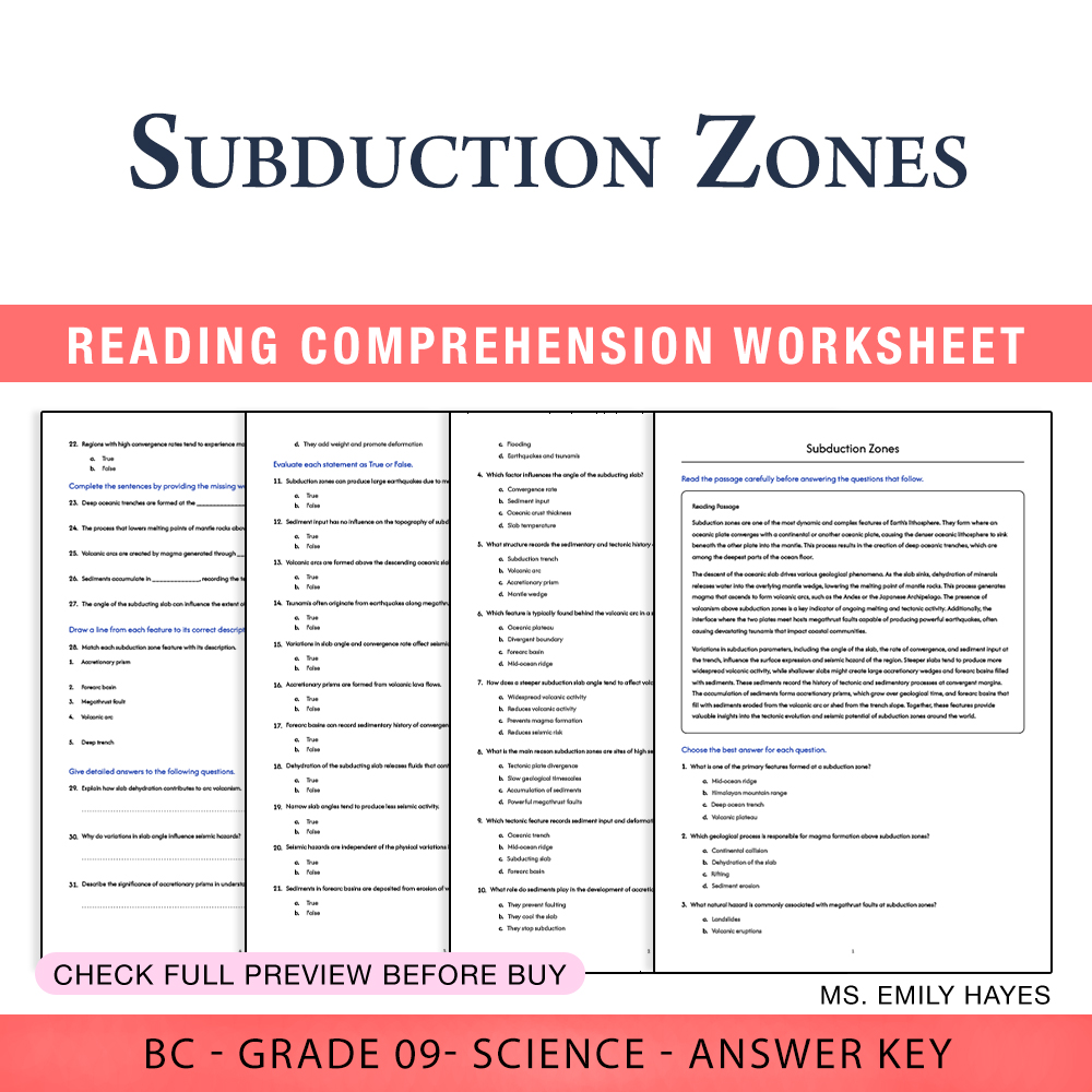 Grade 9 Science worksheet worksheet — Grade 9 Science | Subduction Zones Worksheet (PDF+ Answer Key) — page 1