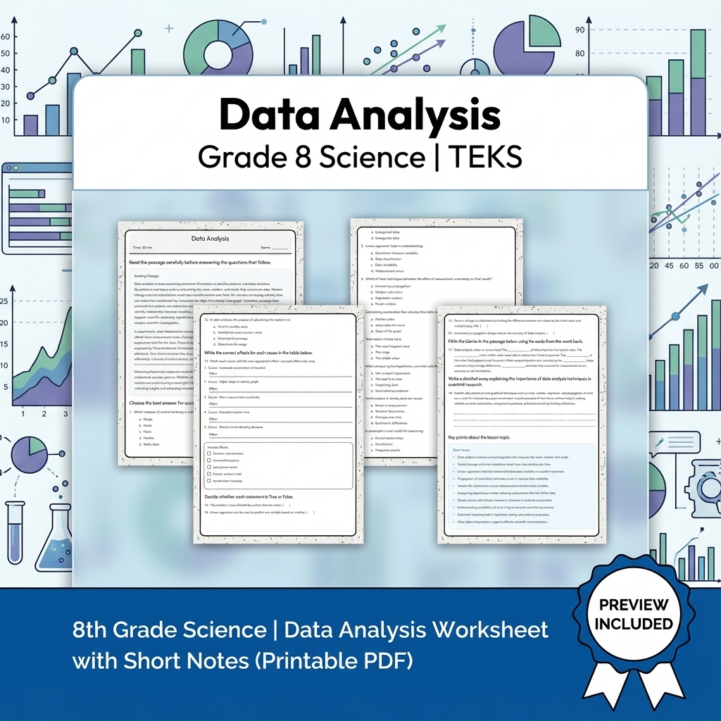 8th Grade Science | Data Analysis Worksheet with Short Notes (Printable PDF)