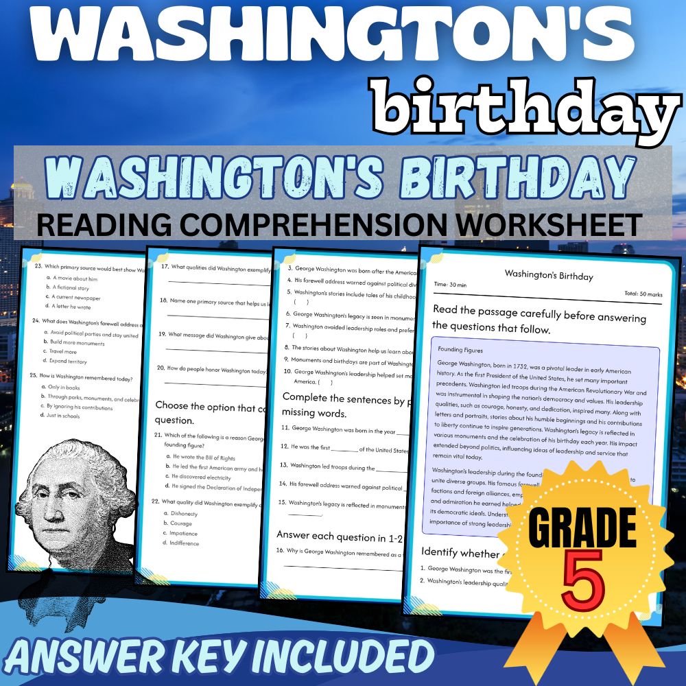 Grade 5 Holiday Worksheet | Washington's Birthday Facts & Skills|PDF+Answer Key