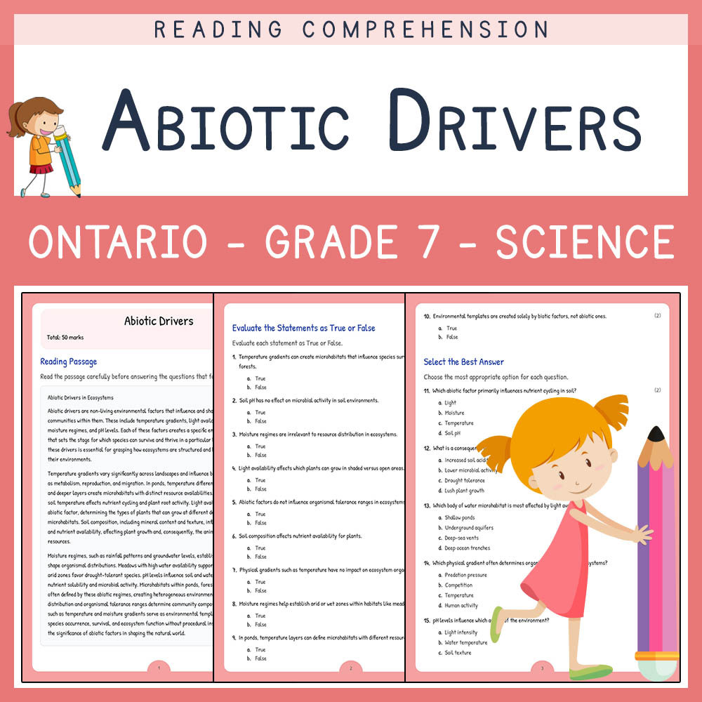 Grade 7 Science worksheet worksheet — Grade 7 Science | Abiotic Drivers Worksheet (PDF Answer Key & Rubric) — page 1