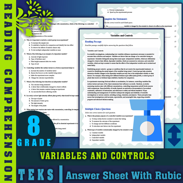 Grade 8 Science reading worksheets worksheet — Grade 8 Science | Variables and Controls Reading Worksheet (PDF + Answer Ke…