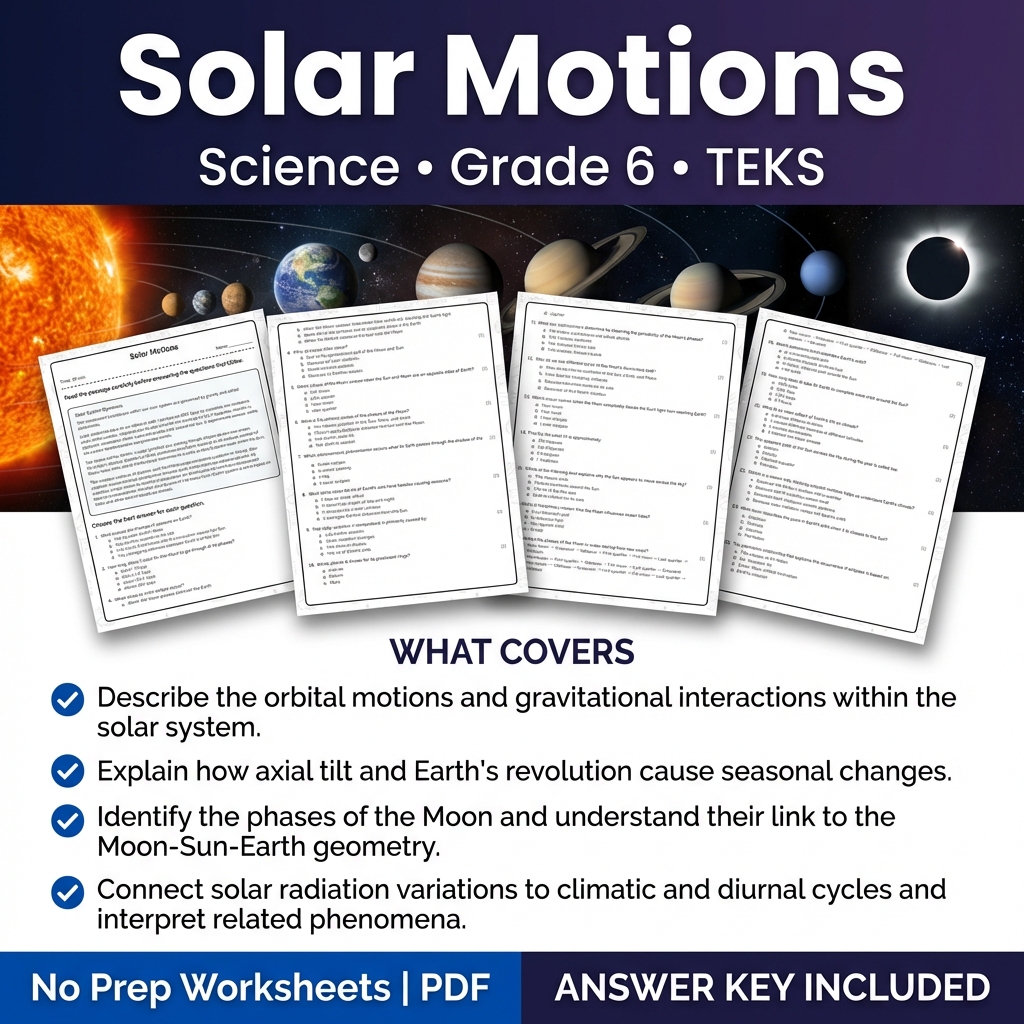 Grade 6 Science Solar Motions Worksheet with Answer Key | TEKS Aligned