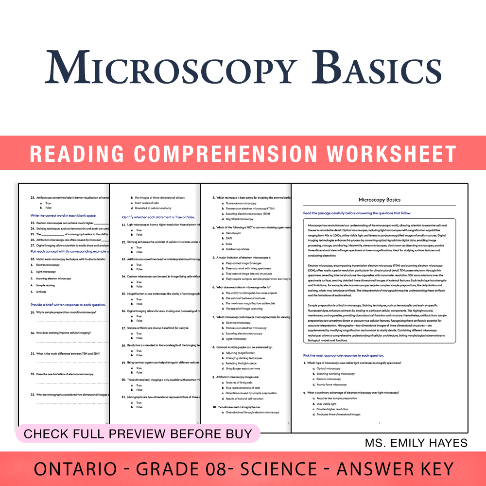 Grade 8 Science worksheet worksheet — 8th Grade Science | Microscopy Basics Worksheet (PDF+ Answer Key) — page 1